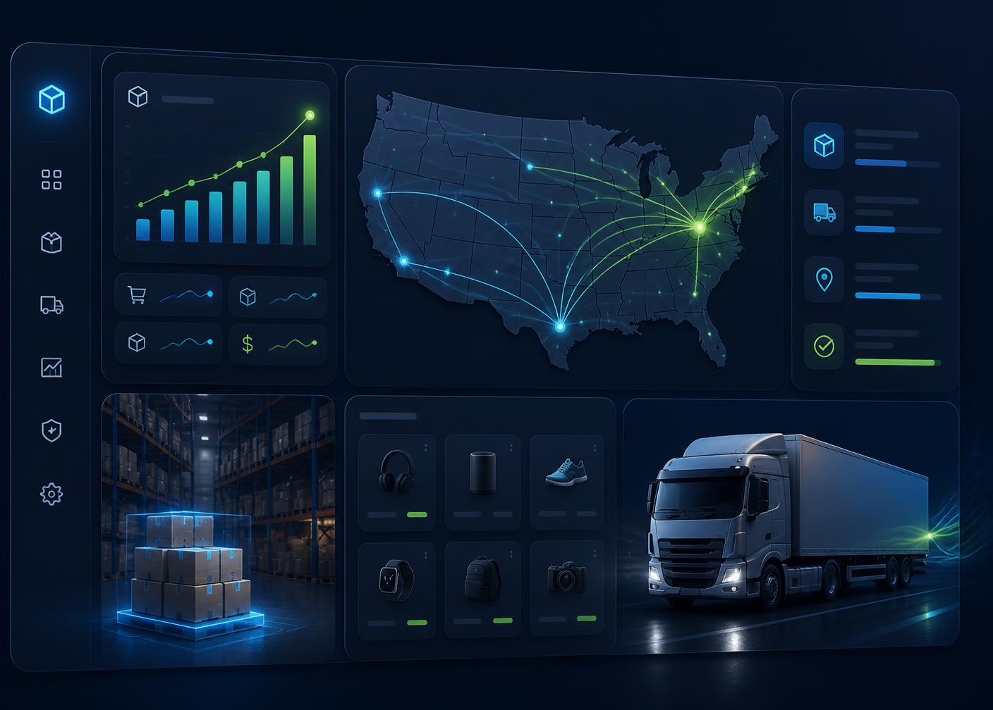 Jubayer Store warehouse dashboard showing US shipping routes, live order analytics, and same-day fulfillment